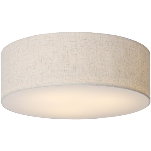 Calokes 18-Inch Large Flush Mount Ceiling Light Fixture with Fabric Shade - Beige, Modern Drum Design for Living Room, Bedroom, Kitchen