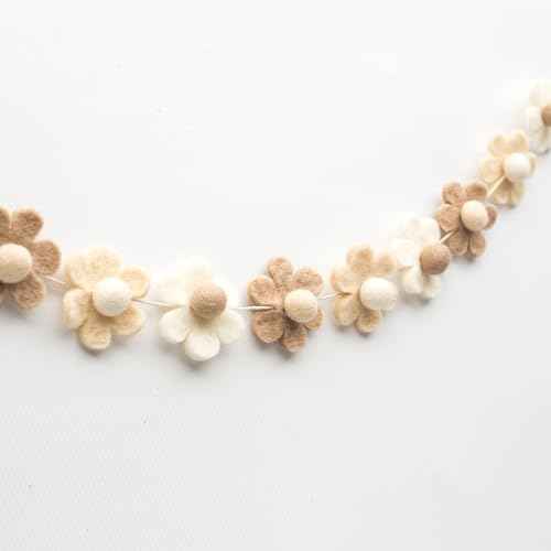Glaciart One Felt Flower Garland - Fun Party Decorations for Easter, Spring & Birthdays - Home Decor for Living Room, Bedroom, Baby Room - 100% Natural Wool Pom Poms with Cotton String - 5.5 Ft.