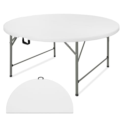 4 FT White Round Folding Table with Carrying Handle - Portable Plastic Outdoor Indoor