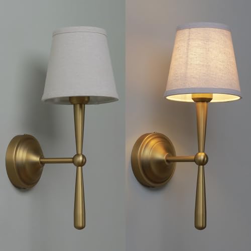 JIMUBEAM Brass Wall Sconces Set of Two with Linen Fabric Shades - E26 Vanity Bathroom Lights, Hardwired Indoor Wall Lamps - Brass_2 Pack