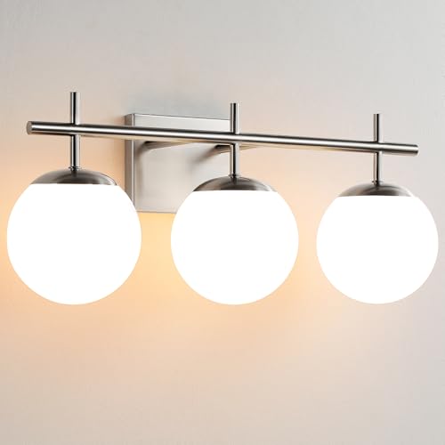 Brushed Nickel Bathroom Vanity Light Fixture Over Mirror - 3-Light Mid-Century Modern Globe Shades