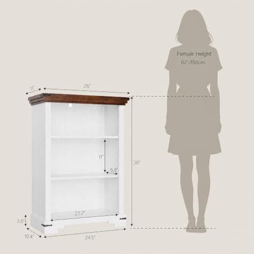 White 3-Tier Farmhouse Bookshelf for Study Room with Adjustable Shelf - Small Wooden Bookcase