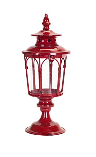 Melrose Lantern, Candle Holder 17-inch Height, Metal, Red, Tabletop Lantern for Outdoor Patio Rustic Home Decor, Candle Holders with Clear Glass
