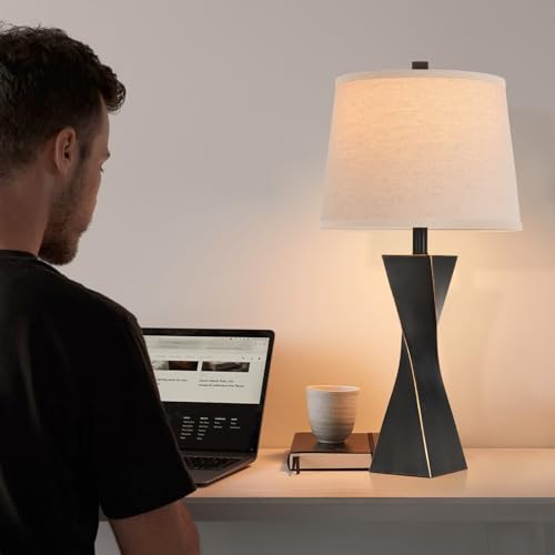 Liyicha Black Gold Set of 2 Modern Vintage Bedside Table Lamps, 26.5-Inch Linen Shade