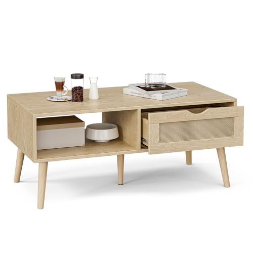 Oak Rattan Coffee Table with Drawer - Boho Natural Finish, ZttRiee