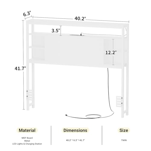 Twin Headboard with Storage & RGB LED Lights, Power Outlets, White