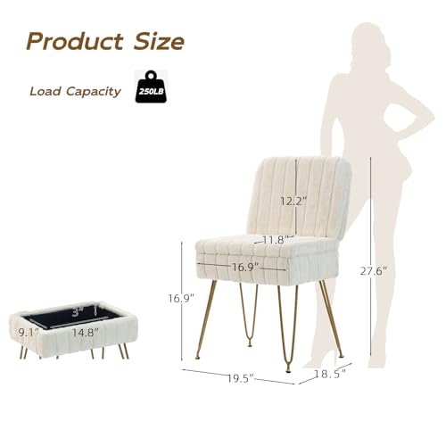 Manyday Beige Vanity Chair with Storage & Foldable Back - Soft Faux Fur Ottoman