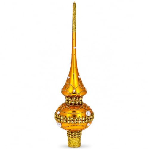 Golden Jewels & White Pearls Christmas Tree Topper - 11 Inches, Hand-Painted Glass