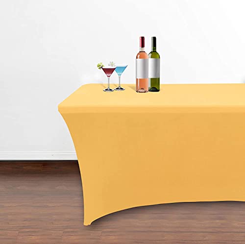 Obstal Stretch Spandex Table Cover for Standard Folding Tables - Universal Rectangular Fitted Tablecloth Protector for Wedding, Banquet and Party (Gold, 4 Ft)