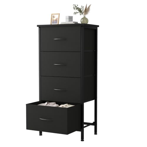 Black 4-Drawer Nightstand - Tall Bedroom Dresser with Removable Fabric Bins (11.8"D x 17.7"W x 37.5"H)