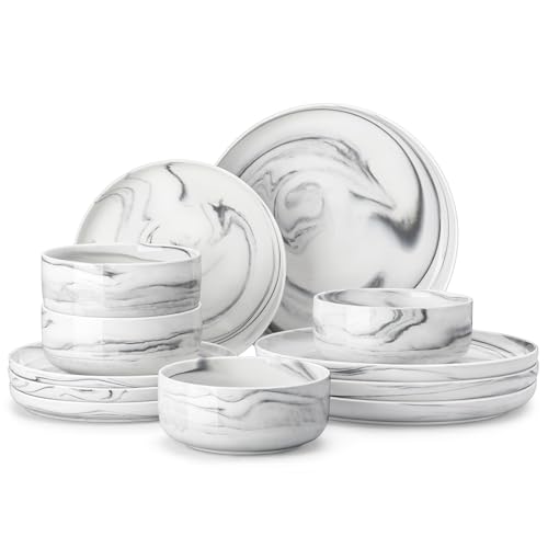 Marble Grey Porcelain Dinnerware Set for 4 - 12 Pieces, Chip & Crack Resistant