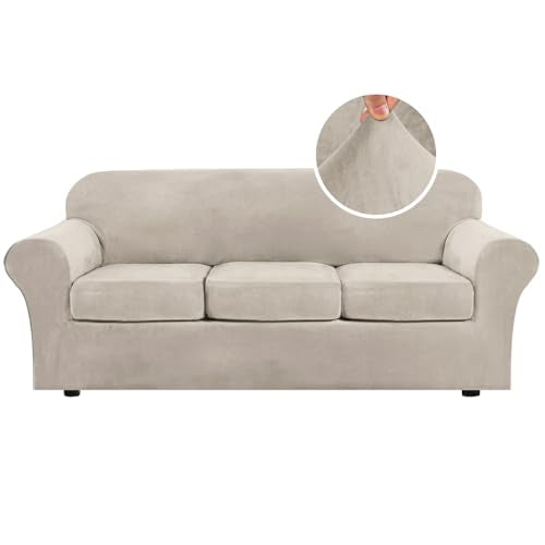 Velvet Sofa Slipcover 4 Piece for 3 Cushion Sofa Up to 90 Inch - French Oak