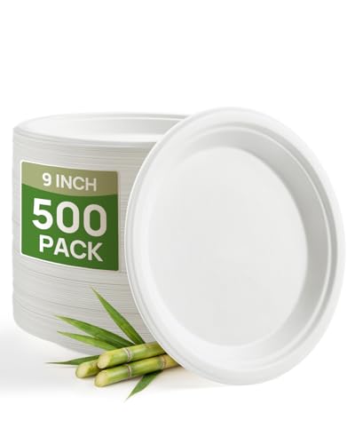 Heavy-Duty 9-Inch Compostable Sugarcane Plates - White, 500 Pack