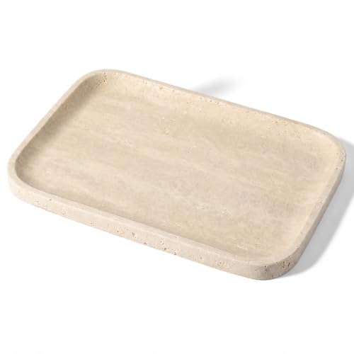 Travertine Vanity Tray - Beige Rectangular Stone Organizer for Jewelry & Bathroom Counter