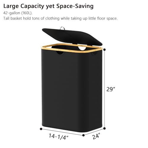 SpaceAid Double Laundry Hamper 2 Section with Lid - 160L Black Collapsible Basket with Bamboo Handles