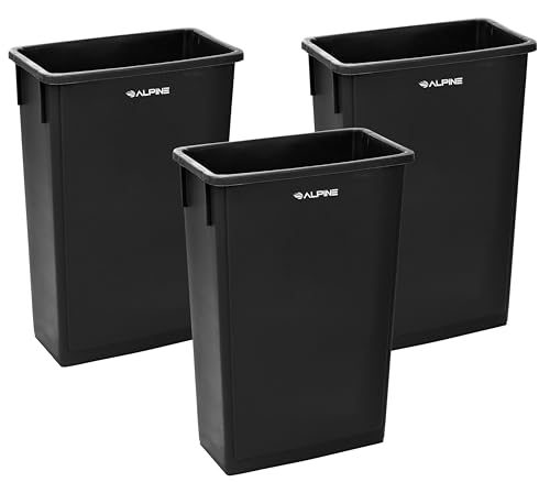 Alpine 23 Gallon Slim Trash Can - Black Open Top Commercial Garbage Bin - Heavy Duty Plastic 3 Pack