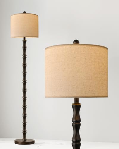 Dark Brown Farmhouse Floor Lamp with Linen Shade - 62 Inch Standing Light for Living Room & Bedroom - Rustic Corner Decor