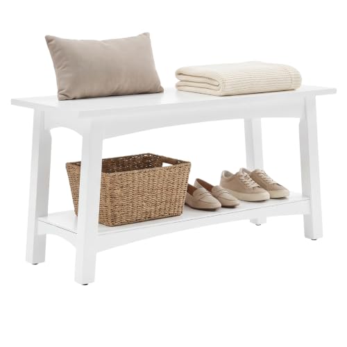 White Entryway Bench with Storage Shelf - 36-Inch Modern Farmhouse Shoe Organizer