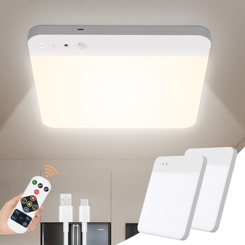 WhitePoplar Rechargeable Motion Sensor Ceiling Light 2-Pack - Wireless 400LM, Remote Control, Dimmable, Ceiling-Optimized Detection, Ultra Slim White-2 Pack
