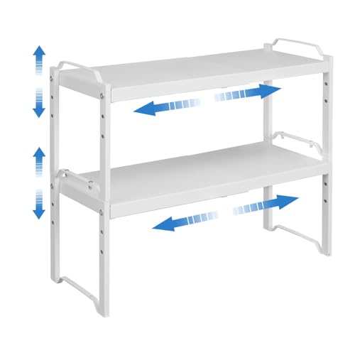 White 2-Pack Expandable Kitchen Cabinet Shelves Organizer, Adjustable & Stackable Storage Rack