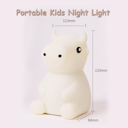 Night Light for Kids, Cute Night Lamp Bedroom Cow Nightlight for Baby Girl Boy Teem, Battery Powered Silicone Animal Night Lamp Christmas Birthday Gifts