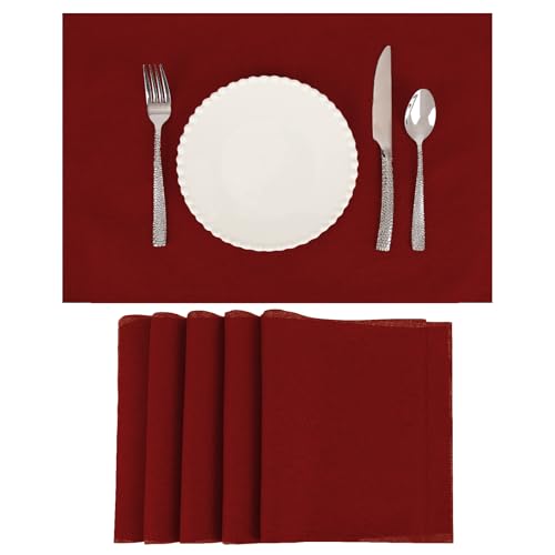 AuraNestle Burgundy Linen-Look Placemat Set of 6, 19x13 Inch, Double Layer Heat-Resistant