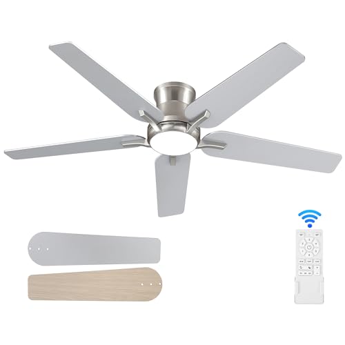 POCHFAN 52 Inch Brushed Nickel Ceiling Fan with Lights and Remote - Low Profile, Dimmable, Noiseless for Bedroom & Living Room