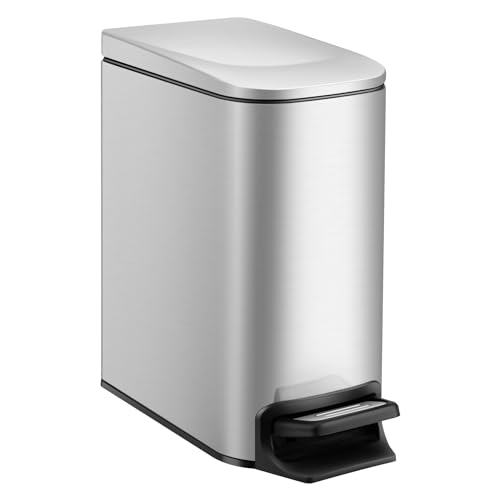 TIPGO Small Bathroom Trash Can with Lid - 1.6 Gallon, Silver, Soft Close