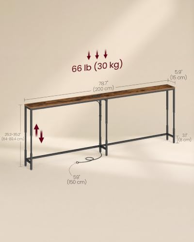 Adjustable Console Table with Power Outlet - Rustic Brown & Matte Black, 78.7"