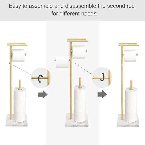 Brushed Gold Toilet Paper Holder with Shelf and 2 Dispensers - Marble Base, Free Standing Bathroom Organizer