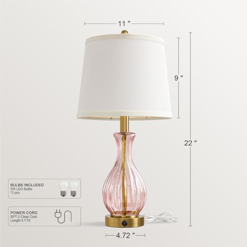 Pink Glass Table Lamps with Fairy Lights for Bedroom Nightstands - Set of 2