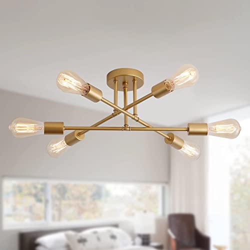 MEIXISUE Gold 6-Light Modern Sputnik Chandelier Ceiling Light Fixture for Living Room