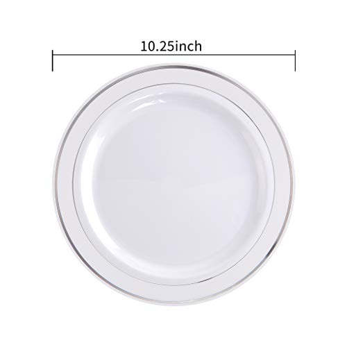 bUCLA 100 Pieces Silver Rim Plastic Dinner Plates 10.25in - Disposable Wedding & Party Plates