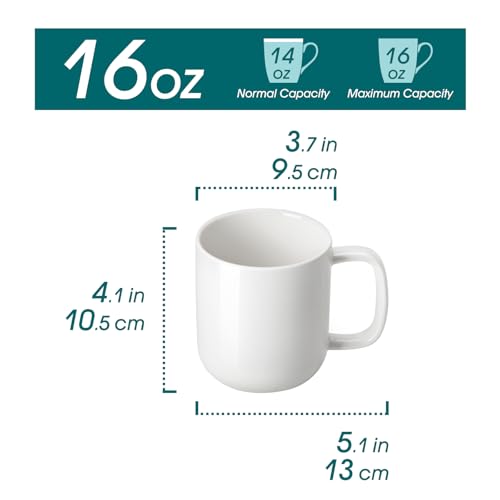 Vancasso 16 oz Porcelain Coffee Mug Set - White, Microwave & Dishwasher Safe, Set of 6