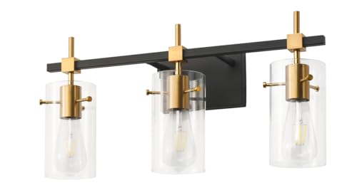 Vintage Vanity Light Fixture with Glass Shades - Black & Brass, 3 Lights, Over Mirror, Modern Style