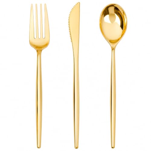 Gold Disposable Silverware Set - 150 Heavy Duty Plastic Utensils for Parties