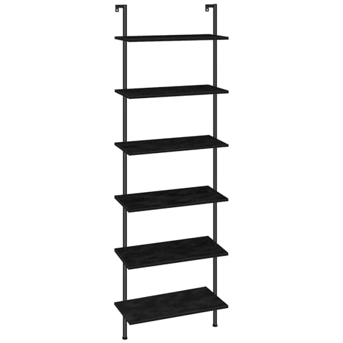 Wall Mounted Ladder Shelf 6-Tier Black Wooden Bookcase for Home Office & Bedroom