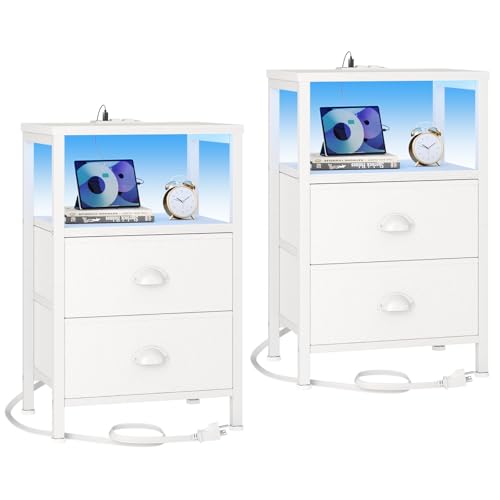 Furologee White Nightstand Set of 2 with LED Lights & Charging Stations - Modern Bedroom Side Tables