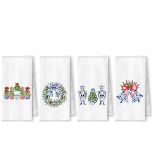 YRDBGHZDF Chinoiserie Xmas Casual Kitchen Towels Set of 4, Blue & White Holiday Decor