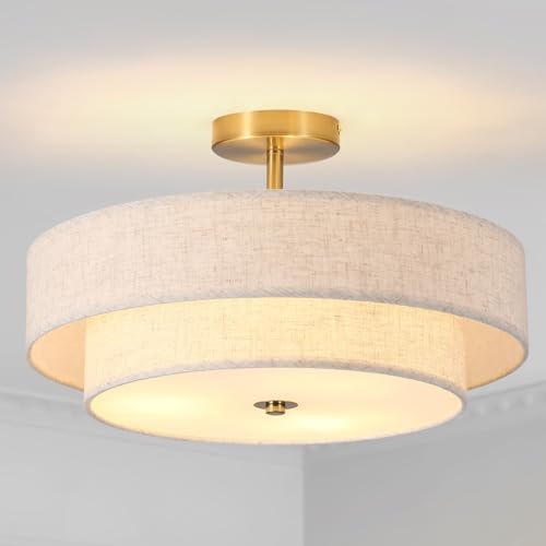 17.71-Inch 2-Tier Gold Semi-Flush Mount Ceiling Light Fixture, 3-Light Double Drum