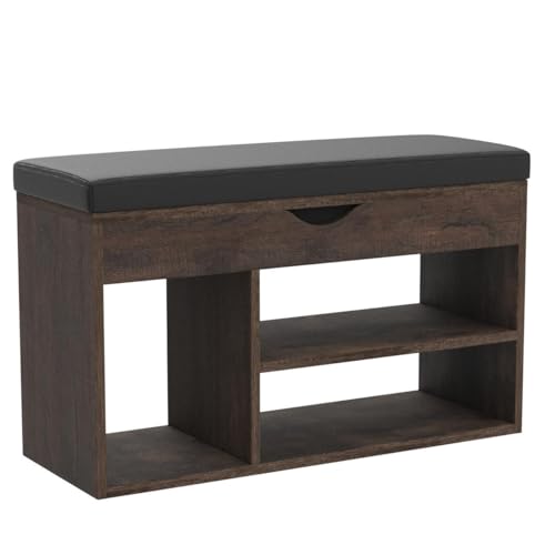 Brown 31.5-Inch Upholstered Entryway Shoe Storage Bench with Cushion
