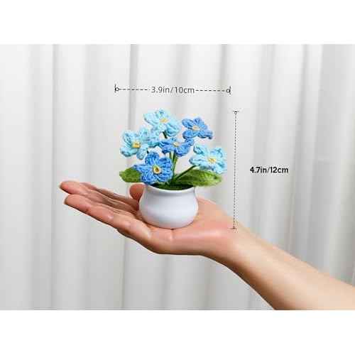 Crochet Flowers Cute Handmade Knitted Potted Gradient Blue Forget Me Not Flower Gifts for Women Coworkers Teacher Birthday Anniversary Christmas Decor for Home Room Office Desk Accessories