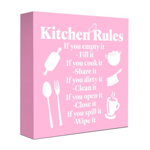 Funny Kitchen Rules Kitchen Decorations Kitchen Sing with Saying Wooden Box Sign Wood Square Box Sign for Tiered Tray Wall Decor for Home Canteen Dining Room Restaurant Dining Hall Pink