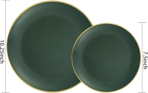 PULOTE Green Disposable Plates with Gold Rim - 100 Pack, Includes 50 Dinner 10.25-inch & 50 Dessert 7.5-inch for Parties & Christmas