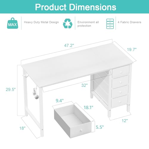 White Reversible Computer Desk with Fabric Drawer - 47.2 Inch Home Office Study Table