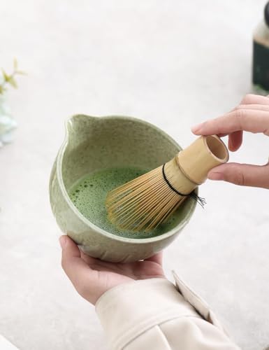Mottled Green TANG PIN Matcha Set - 15oz Porcelain Bowl & Bamboo Whisk