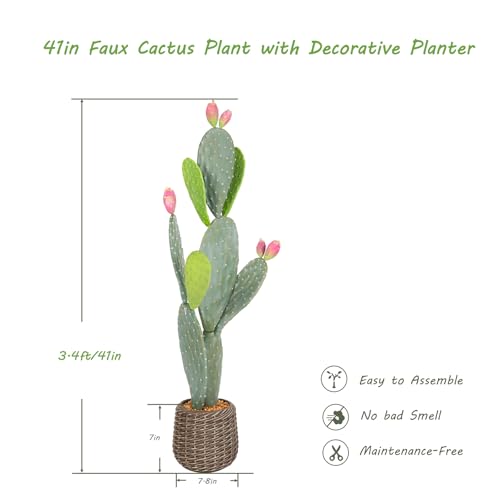 41in UV-Resistant Faux Cactus in Woven Planter - Indoor Outdoor Artificial Plant