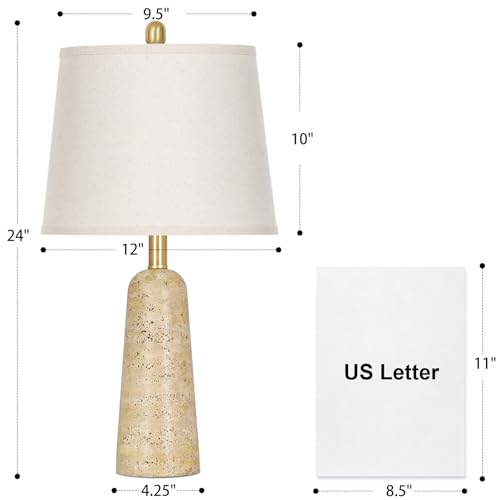 Travertine-Inspired 24-Inch Concrete Bedside Lamp Set of 2 - Beige, Modern Minimalist Nightstand Lamps with LED Bulbs