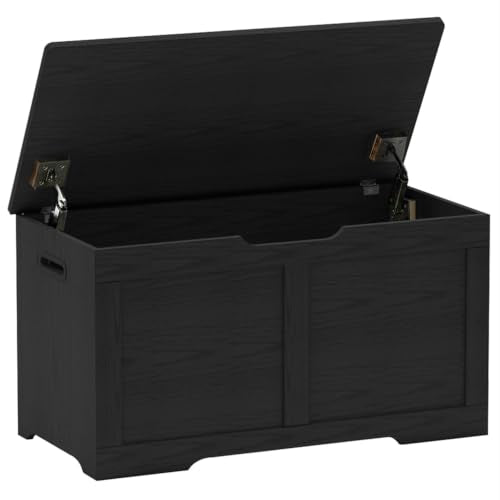 Black Timberer 31.5-Inch Wooden Storage Chest with Safety Hinges, Rustic Bench