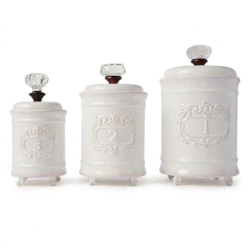 Mud Pie Kitchen Canister Set of 3 - White Ceramic Food Storage with Doorknob Lids